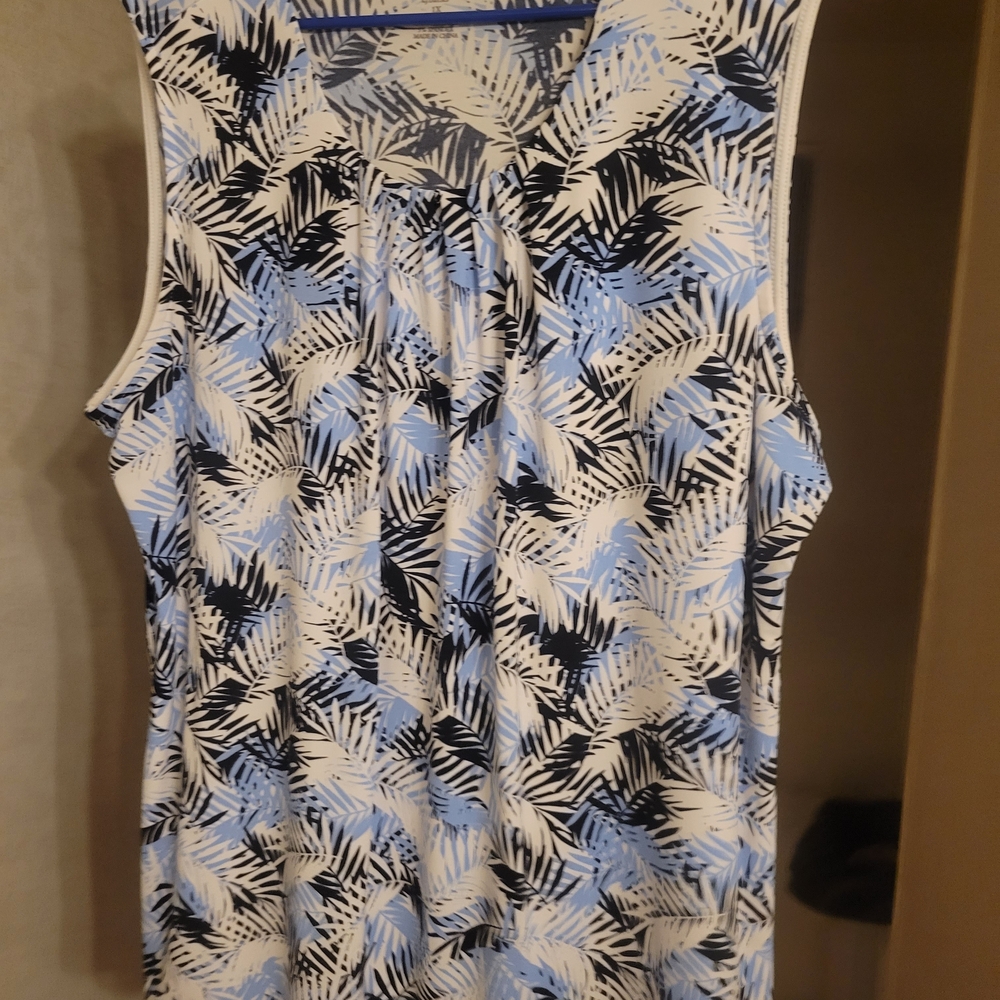 CJ Banks Blue and Black Leaf Print Blouse